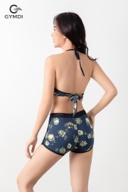 Bikini áo yếm quần đùi đen họa tiết hoa cúc 22129