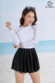 Bộ bơi liền mảnh dài tay chân váy - Phối trắng đen 22021